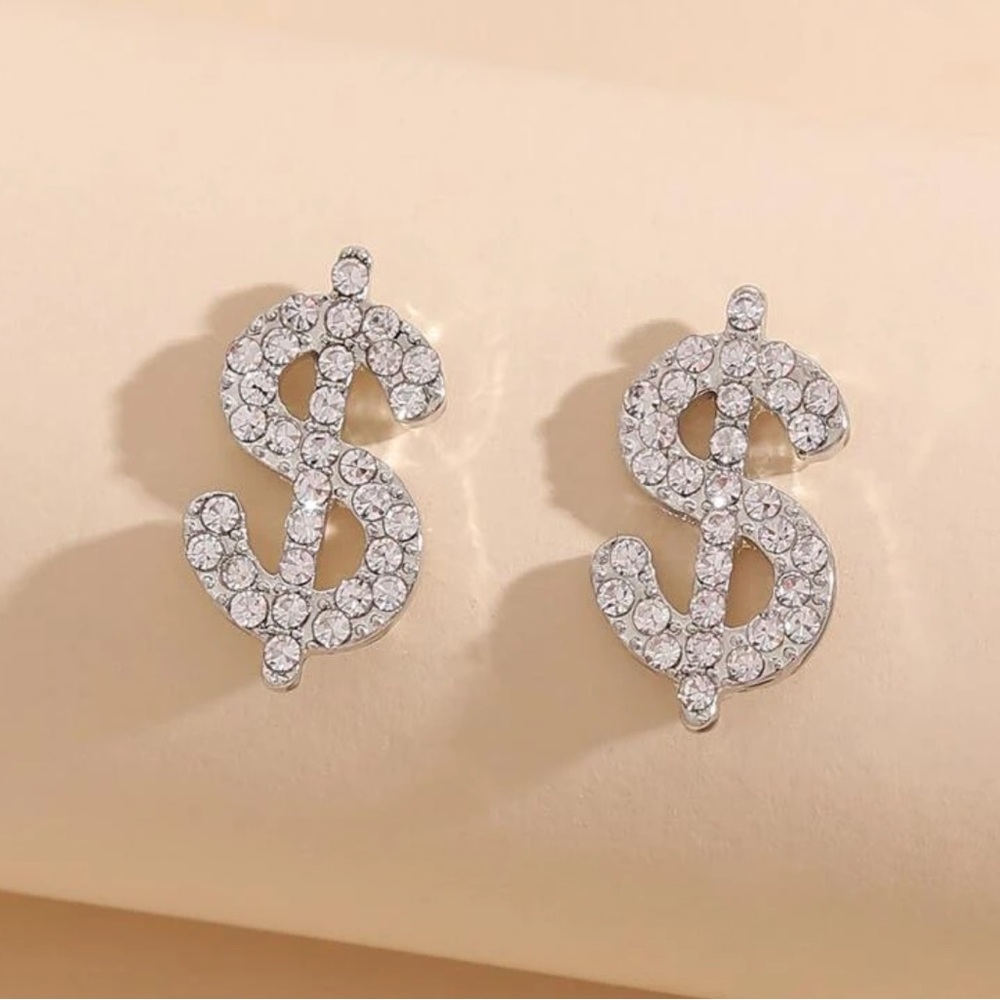 Silver Rhinestone Dollar Sign Earrings, Dollar Sign Stud Earrings